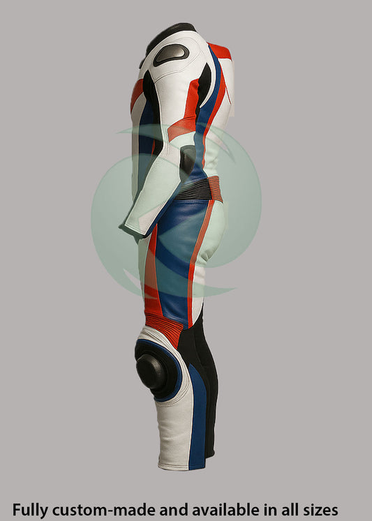 High-Viz White, Red & Blue 1-Piece Motorbike Race Suit
