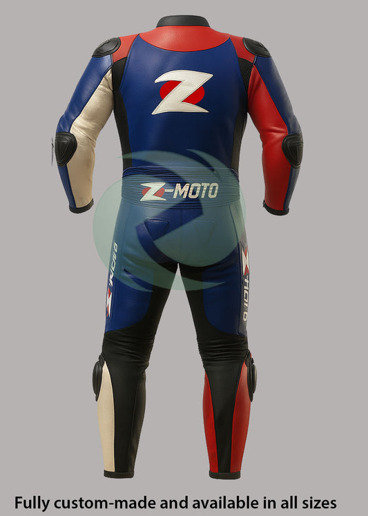 Multi-Color Blue, Red & White 1-Piece Motorbike Race Suit
