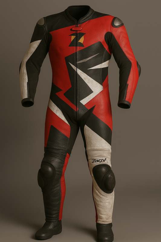 Race-Ready Red, Black & White 1-Piece Motorbike Leather Suit