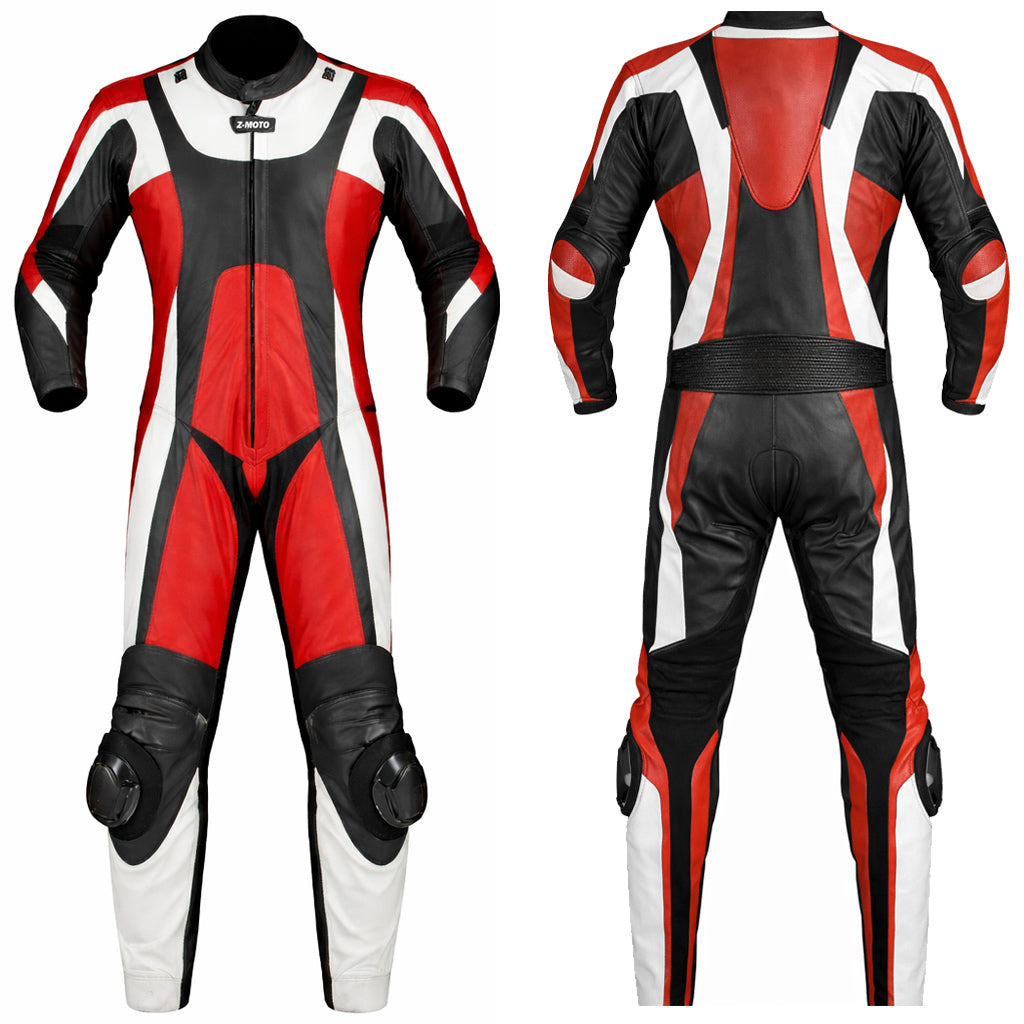 Z-MOTO Red, Black & White One-Piece Motorcycle Racing Leather Suit