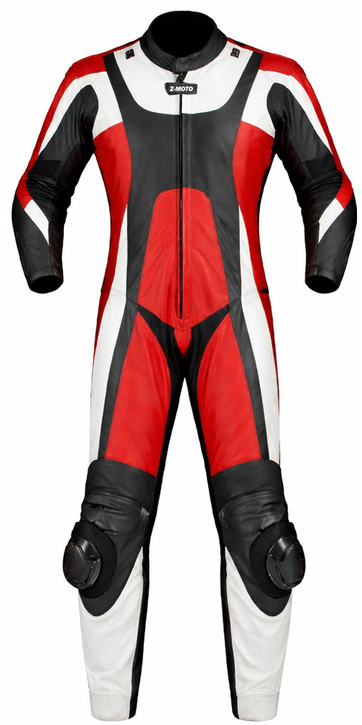 Z-MOTO Red, Black & White One-Piece Motorcycle Racing Leather Suit