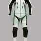 Z MOTO black and white two-piece motorcycle leather suit featuring a matching jacket and trousers, front view.