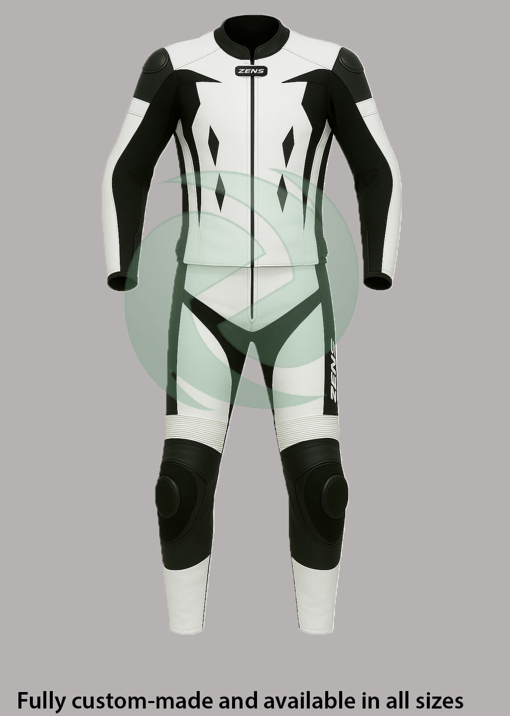 Z MOTO black and white two-piece motorcycle leather suit featuring a matching jacket and trousers, front view.