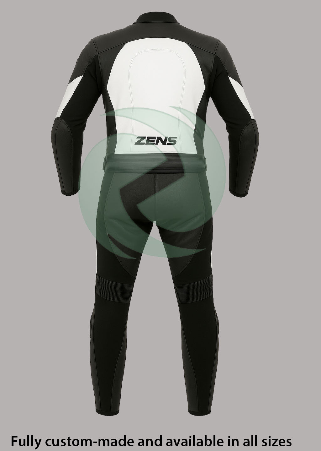 Back view of the Z MOTO black and white two-piece motorcycle leather suit showing the rear design of the jacket and trousers.