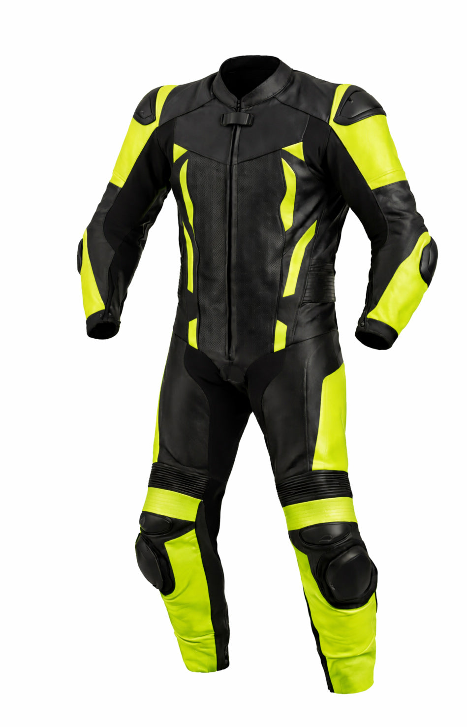 Z Moto Black and fluorescent yellow one-piece motorcycle racing suit front view
