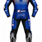 Back view of Z MOTO blue, black, red and silver one-piece motorcycle racing suit with sporty panel detailing.