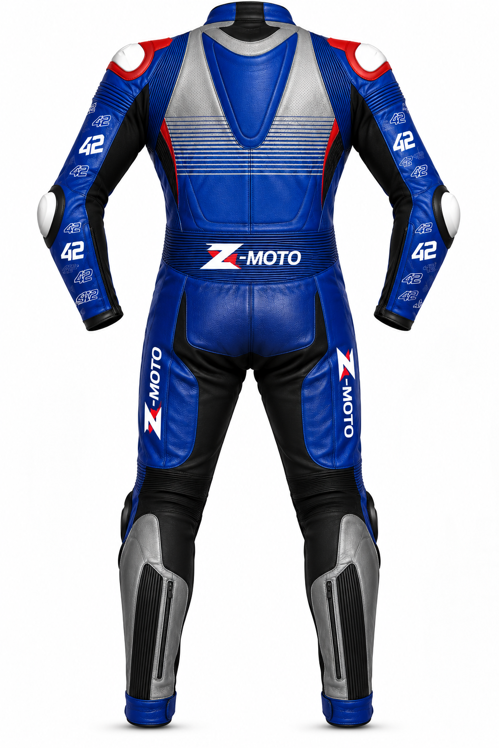 Back view of Z MOTO blue, black, red and silver one-piece motorcycle racing suit with sporty panel detailing.