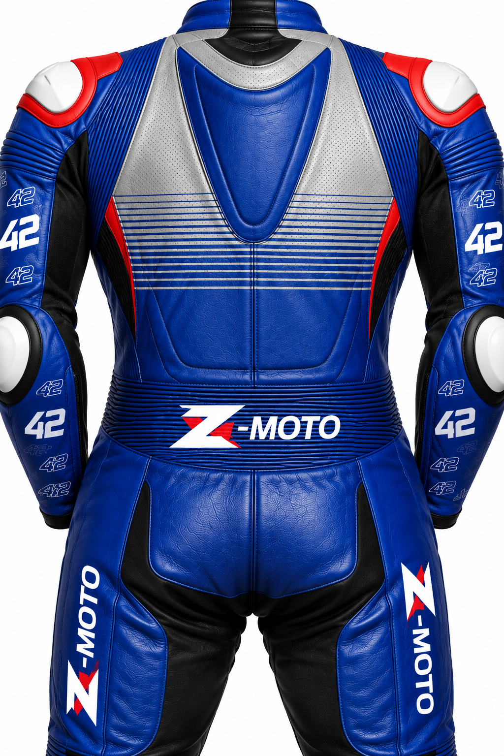 Back view of Z MOTO blue, black, red and silver one-piece motorcycle racing suit with sporty panel detailing.