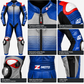 Close-up detail of the Z MOTO blue, black, red and silver one-piece motorcycle racing suit, showcasing textured panels, stitching, ribbed sections and racing accents.