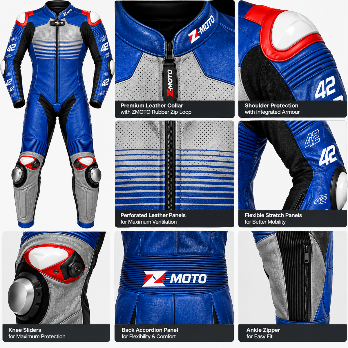 Close-up detail of the Z MOTO blue, black, red and silver one-piece motorcycle racing suit, showcasing textured panels, stitching, ribbed sections and racing accents.