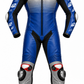 Blue, black, red and silver Z MOTO one-piece motorcycle racing suit with number 42 sleeve graphics on a white background.