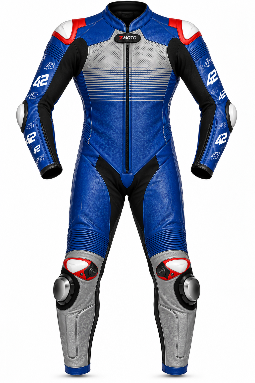 Blue, black, red and silver Z MOTO one-piece motorcycle racing suit with number 42 sleeve graphics on a white background.