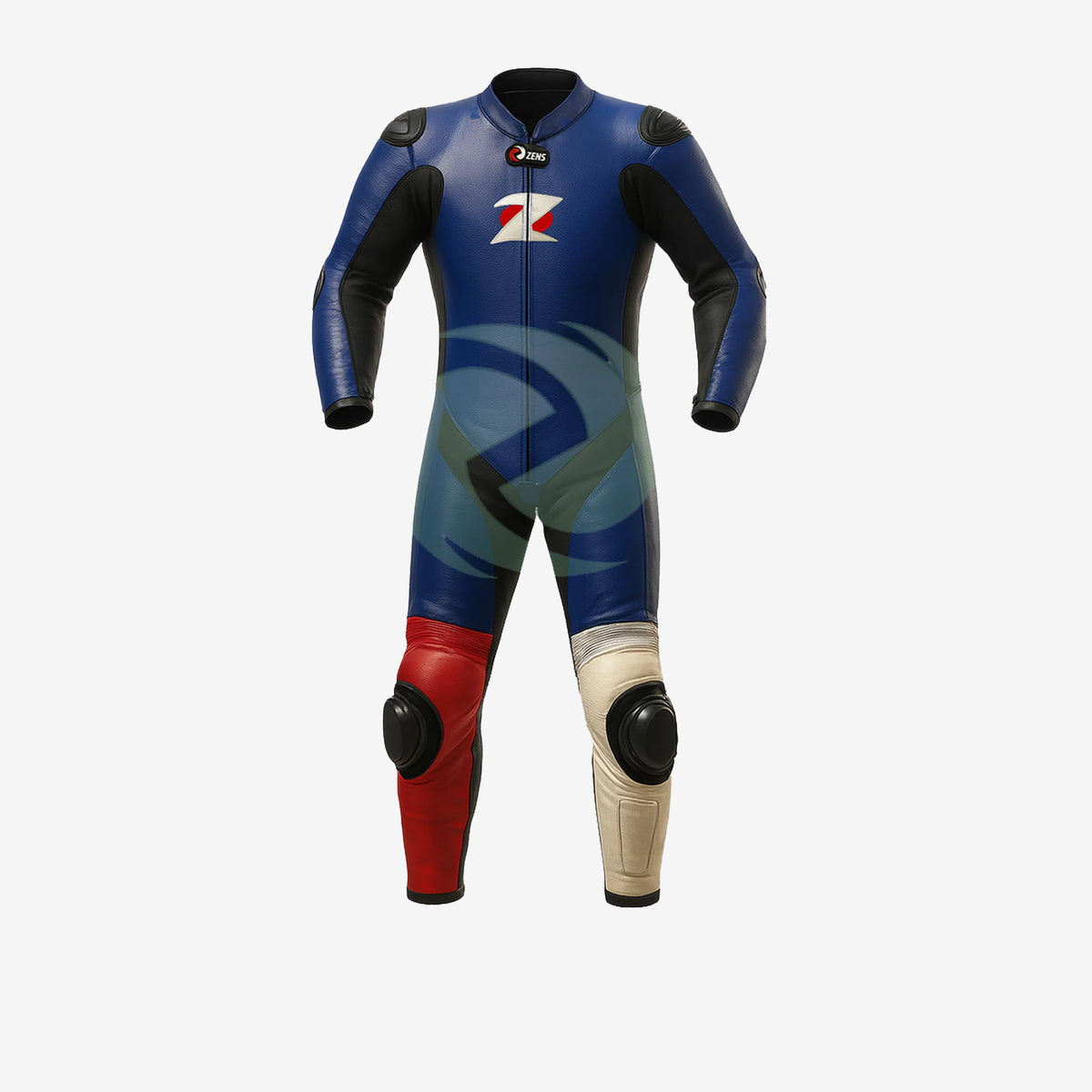 Z MOTO blue, red and white one-piece motorcycle racing suit, front view.