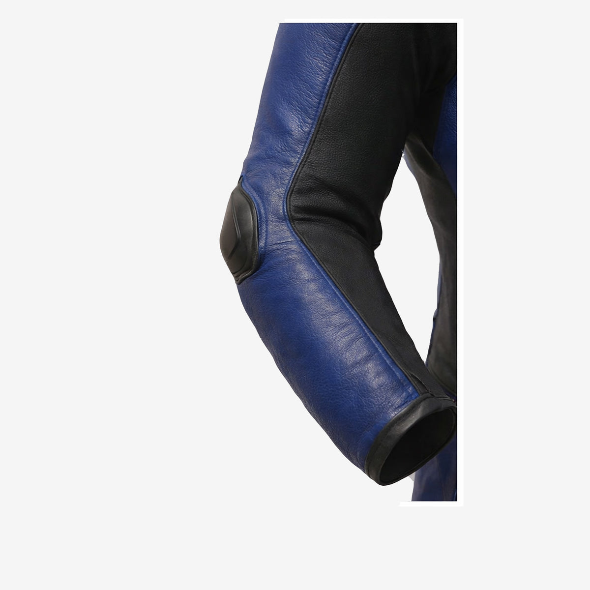 Close-up of the motorcycle racing suit's elbow protector details.