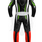 Z MOTO custom motorcycle racing suit in black, green, white and red back view