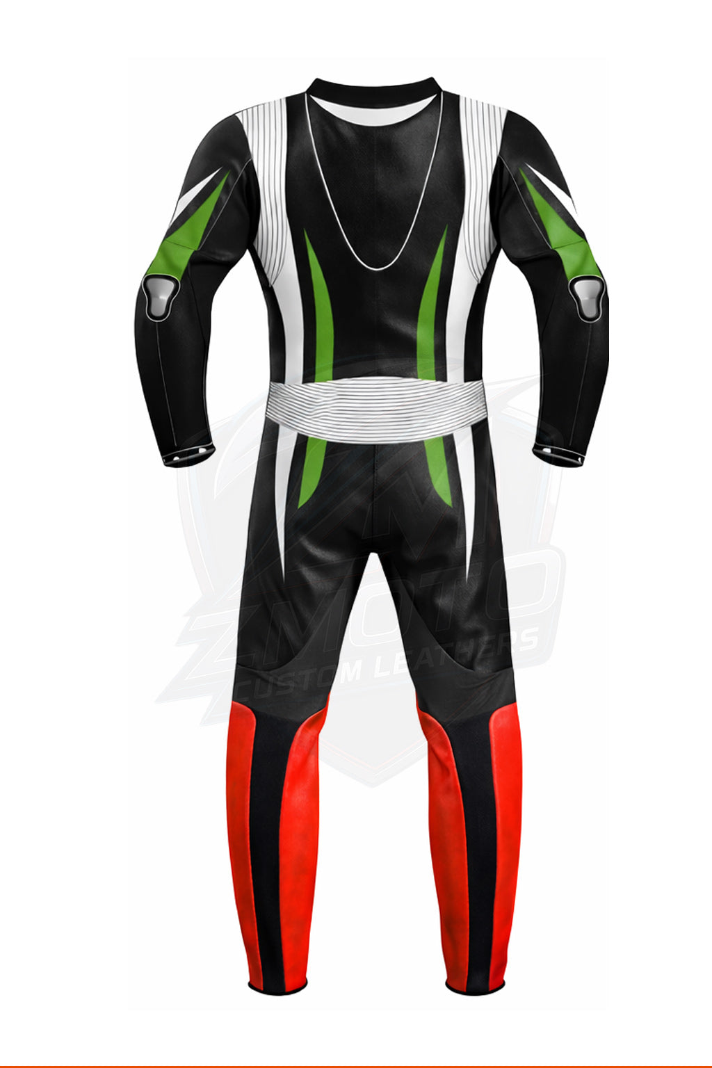 Z MOTO custom motorcycle racing suit in black, green, white and red back view