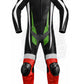 Z MOTO custom motorcycle racing suit in black, green, white and red front view.