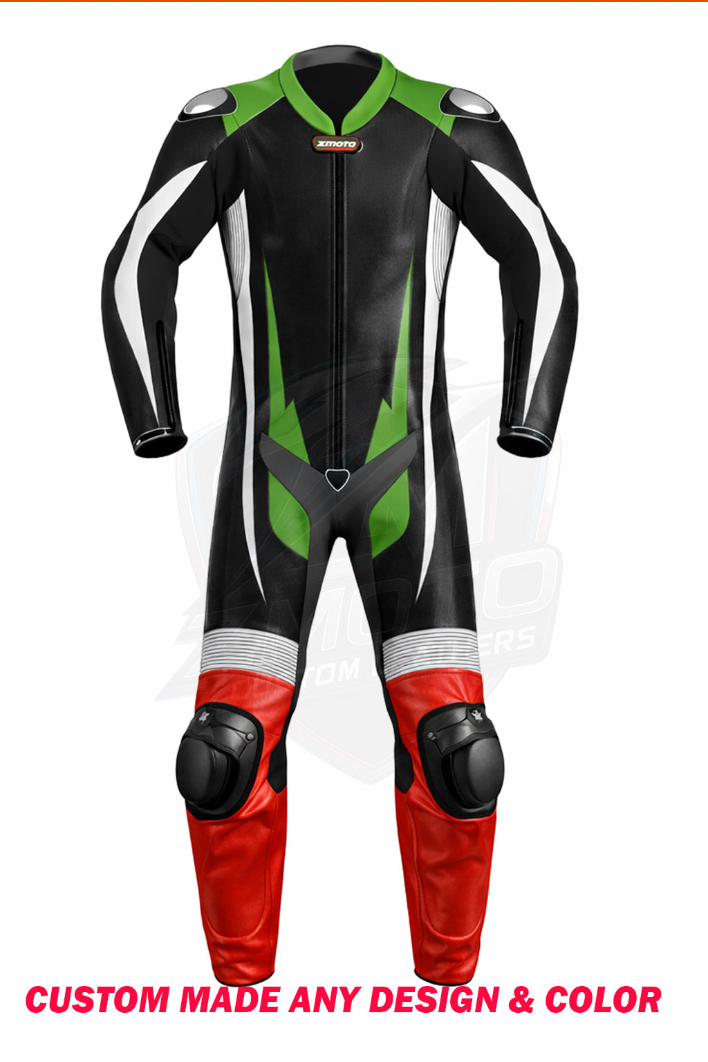 Z MOTO custom motorcycle racing suit in black, green, white and red front view.