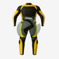 Back view of the Z MOTO high-visibility yellow and black one-piece motorcycle racing suit showing its rear panel design.