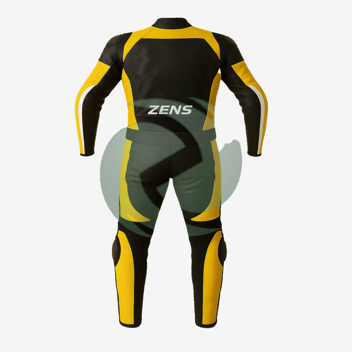 Back view of the Z MOTO high-visibility yellow and black one-piece motorcycle racing suit showing its rear panel design.