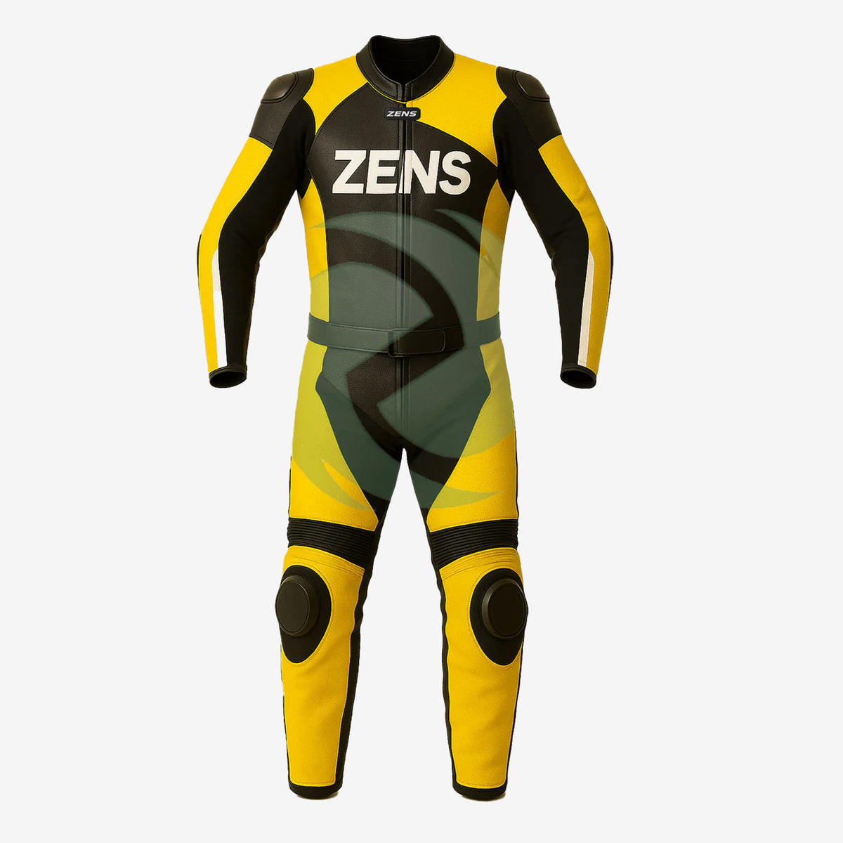 Z MOTO high-visibility yellow and black one-piece motorcycle racing suit, front view.
