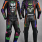 Close-up of Joker-inspired graphic detailing on the Z MOTO motorcycle leather racing suit