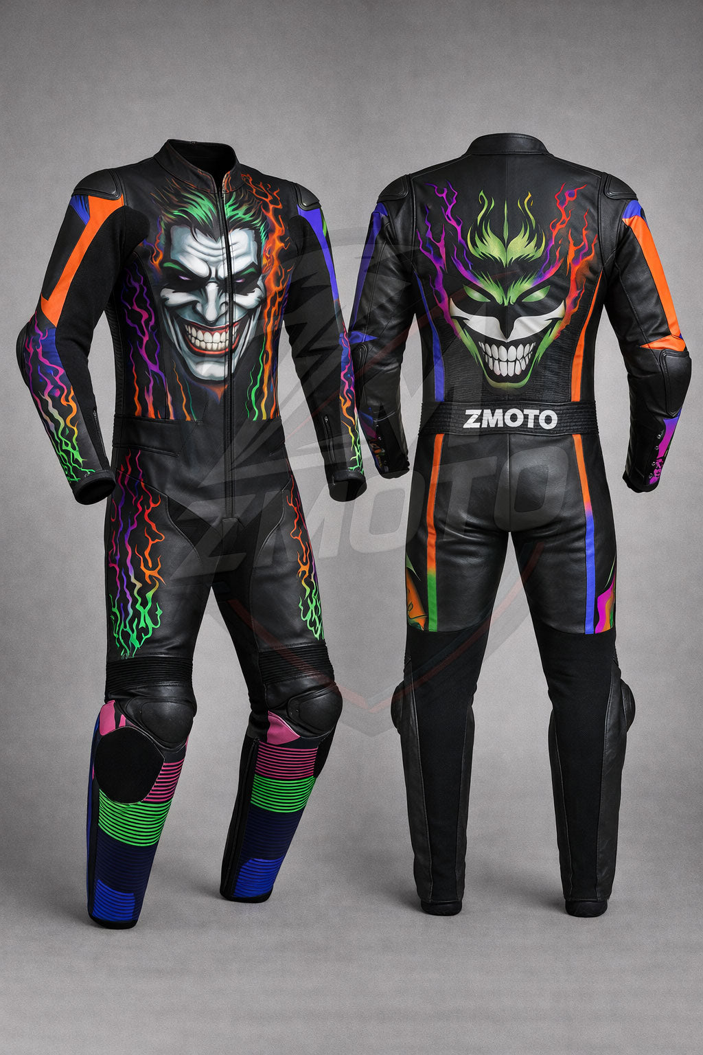 Close-up of Joker-inspired graphic detailing on the Z MOTO motorcycle leather racing suit