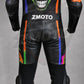 Back view of Z MOTO Joker-inspired motorcycle leather racing suit featuring graphic detailing and rear stretch panel