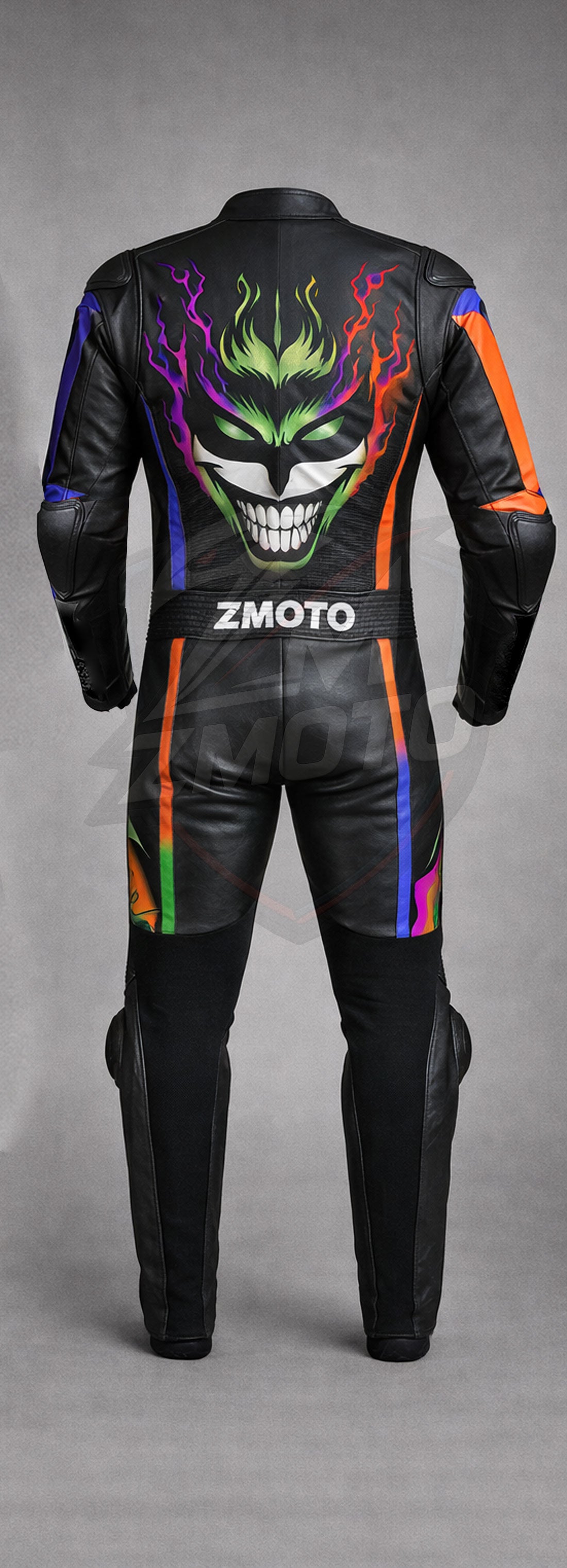 Back view of Z MOTO Joker-inspired motorcycle leather racing suit featuring graphic detailing and rear stretch panel