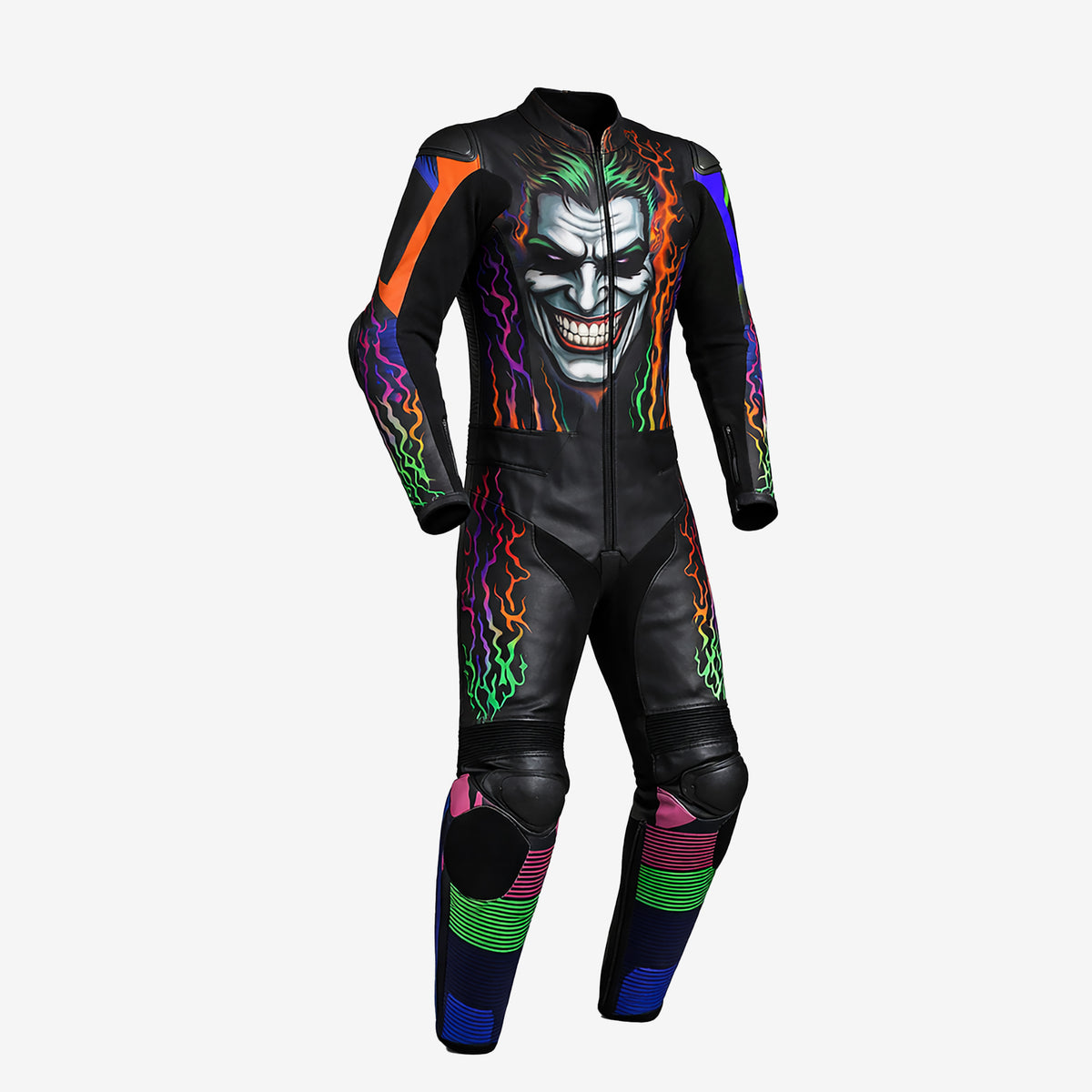 Z MOTO Joker-inspired one-piece motorcycle leather racing suit front view with bold graphic design
