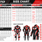 Z MOTO motorcycle leather suit size chart for 1-piece racing suits, 2-piece racing suits, leather jackets and trousers with measurement guide in inches and centimetres.
