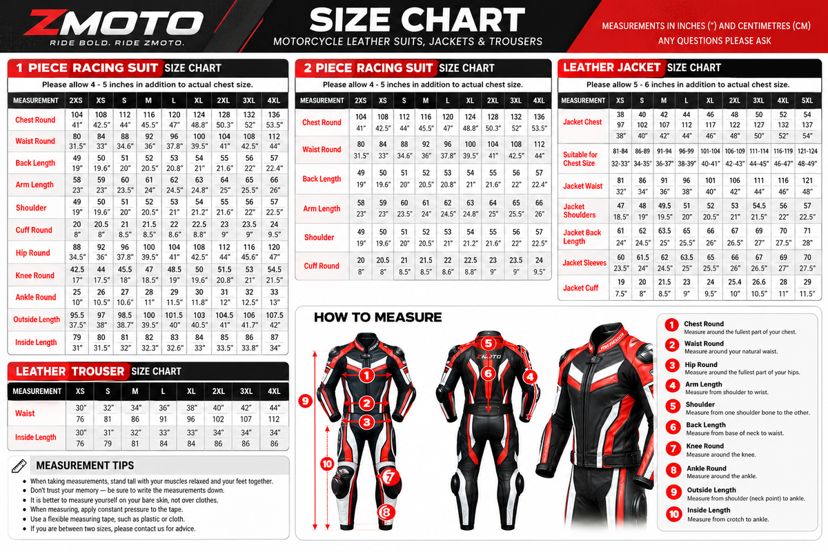 Z MOTO motorcycle leather suit size chart for 1-piece racing suits, 2-piece racing suits, leather jackets and trousers with measurement guide in inches and centimetres.
