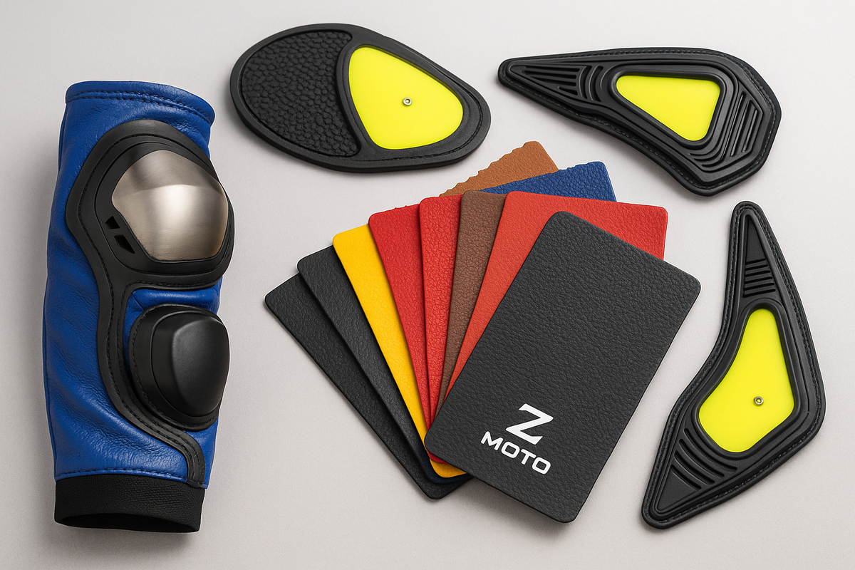 Z MOTO custom motorcycle leather swatch and armour sample kit for bespoke motorcycle gear