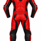 Back view of the red and black Z MOTO one-piece motorcycle racing suit showing its rear panels and racing-style construction.