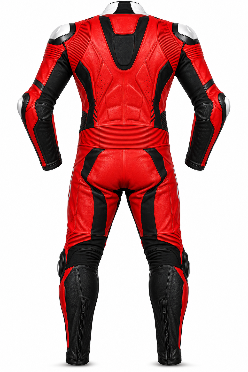 Back view of the red and black Z MOTO one-piece motorcycle racing suit showing its rear panels and racing-style construction.