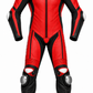 Red and black Z MOTO one-piece motorcycle racing suit with white shoulder accents and silver knee details, front view.