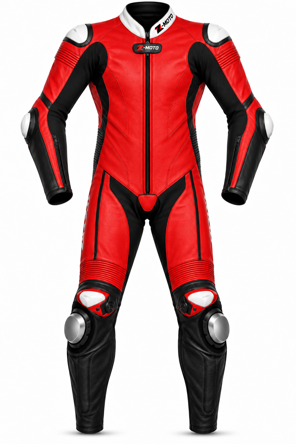 Red and black Z MOTO one-piece motorcycle racing suit with white shoulder accents and silver knee details, front view.