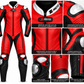 Close-up of the Z MOTO red and black motorcycle racing suit showing textured panels, stitching and perforation-style details.