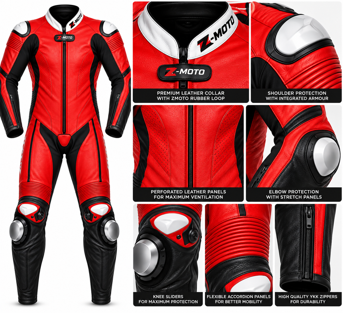 Close-up of the Z MOTO red and black motorcycle racing suit showing textured panels, stitching and perforation-style details.