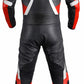 Z-MOTO motorcycle racing suit rear view with red, black and white panels.