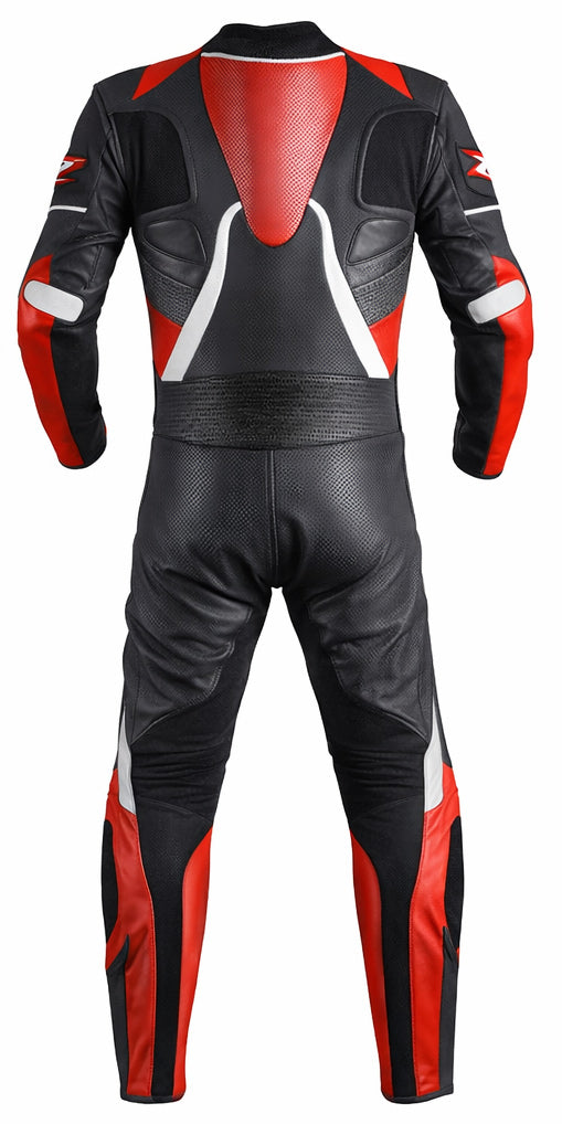 Z-MOTO motorcycle racing suit rear view with red, black and white panels.