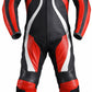 Z-MOTO red black and white one-piece motorcycle racing suit front view.