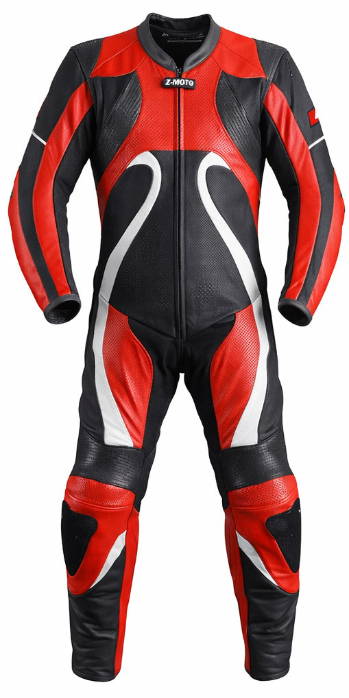 Z-MOTO red black and white one-piece motorcycle racing suit front view.