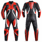 Z-MOTO red, black and white one-piece motorcycle racing suit with contrasting panels and sporty design.