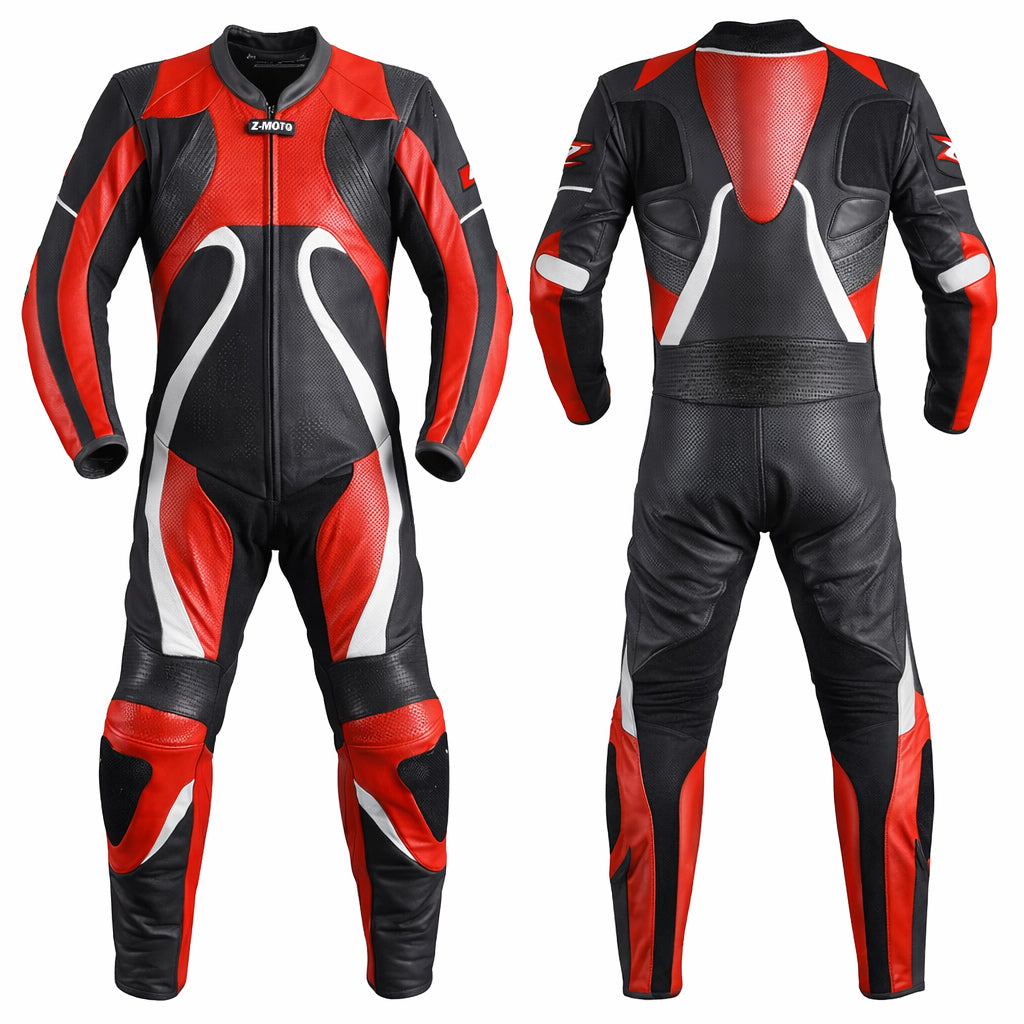 Z-MOTO red, black and white one-piece motorcycle racing suit with contrasting panels and sporty design.