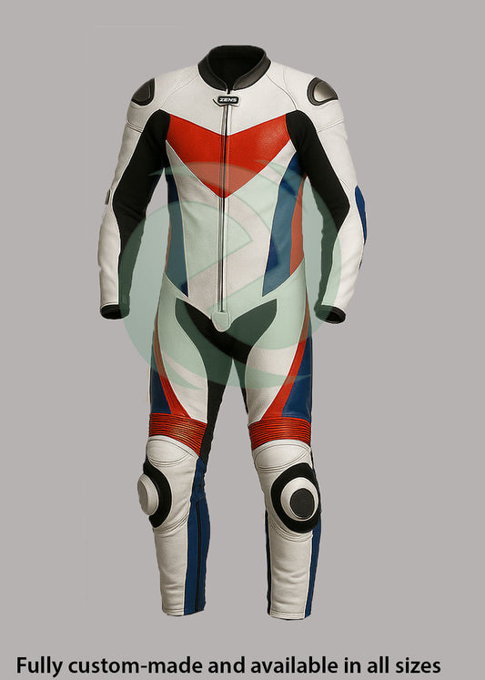 Z MOTO white, red and blue one-piece motorcycle racing suit, front view.