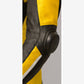 Close-up of the visible elbow details on the Z MOTO yellow and black motorcycle racing suit.