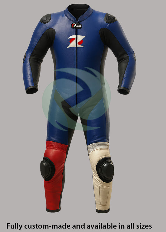 Multi-Color Blue, Red & White 1-Piece Motorbike Race Suit