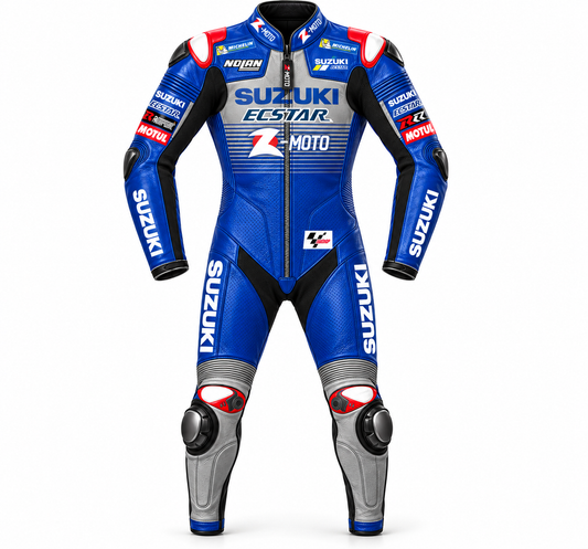 Z MOTO blue Suzuki-inspired one-piece motorcycle racing leather suit front view.
